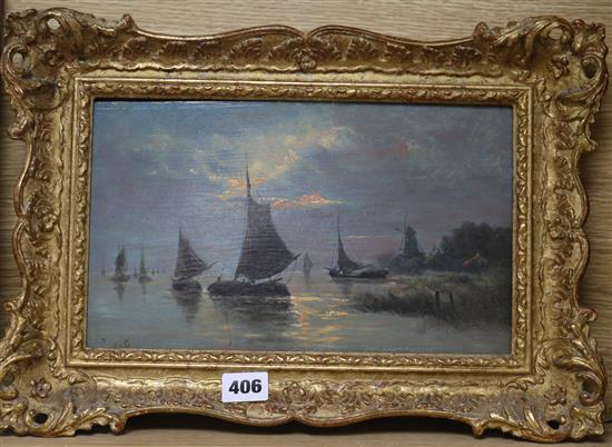 19th C English School Barges off the coast at sunset 7 x 11.5in.